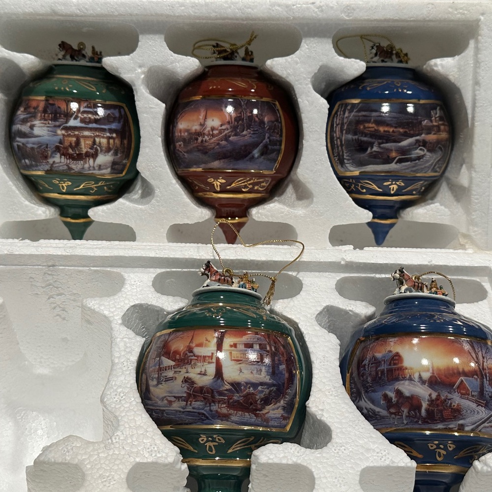 Holiday Village Ornament Collection - Green, Blue, and Brown